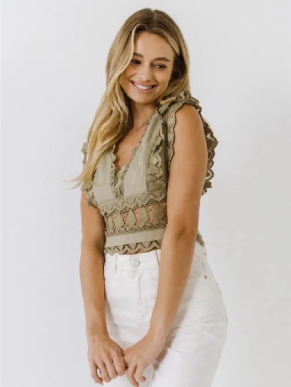 Endless Rose Olive Crochet Lace Trim V-Neck Crop Top